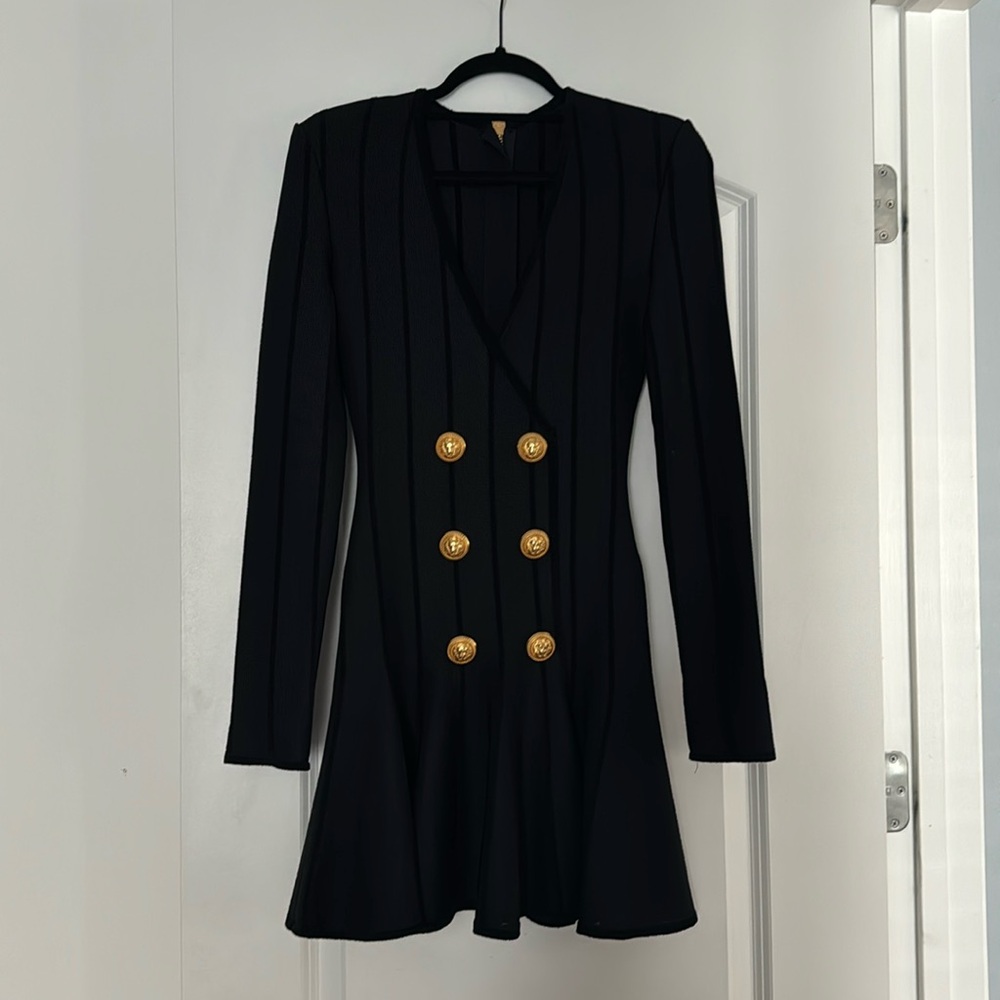 Balmain long sleeve knit pleated tennis dress gold sailor buttons size 2 36 XS